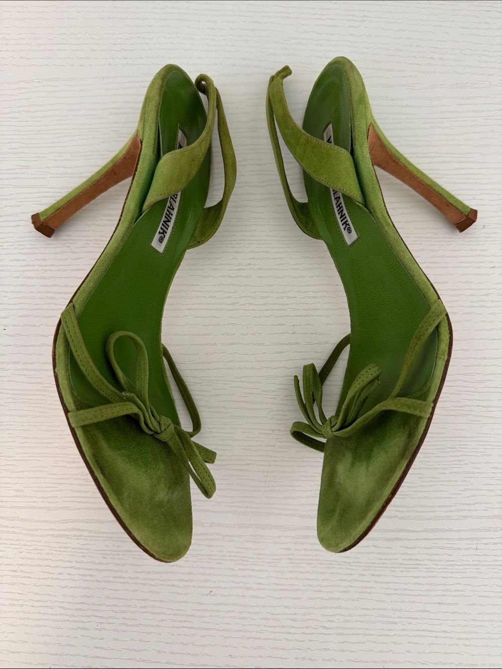 Manolo Blahnik Vintage EU 37 Lime Green Suede Bow Slingback Heels Open Toe Shoes - Picture 2 of 6